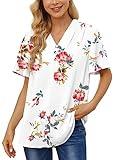 BISHUIGE Womens Summer Tops Dressy Casual Button Up V-Neck T-Shirts Chiffon Henley Tunic Blouses, L, Fl Rose White