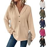 Jielayou Hoodies for Women Button V Neck Waffle Knit Tops Raglan Long Sleeve Shirts Casual Comfy Pullover Sweaters Trendy Loose Drawstring Sweatshirt Y2k Hoodie Lightweight Tunic Tops Fall Clothes