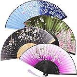 Zonon 4 Pack Handheld Floral Folding Fans Hand Held Fans Silk Bamboo Fans with Tassel Women Hollowed Hand Foldable Fan with Fabric Sleeve for Dancing Wedding Decoration Gifts(Elegant)