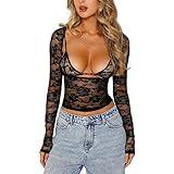 Women Y2K Lace Crop Top Long Sleeve Sheer Sexy Perspective Shirt See Through Going Out Tops Mesh Trendy Tee (2pcs Black, S)