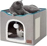 Bedsure Cat Beds for Indoor Cats - Large Cat Cave for Pet Cat House with Fluffy Ball Hanging and Scratch Pad, Foldable Cat Hideaway,16.5x16.5x13 inches, Grey