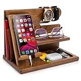 TESLYAR Wood Phone Docking Station Ash Key Holder Wallet Stand Watch Organizer Men Husband Wife Anniversary Dad Birthday Nightstand Purse Father Graduation Male Idea Gadgets (Beige)