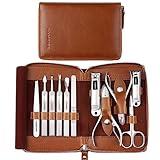 FAMILIFE Manicure Set, Professional Manicure Kit Nail Clippers Set 11 in 1 Stainless Steel Pedicure Tools Kit Nail Kit Men Grooming Kit with Portable Brown Leather Travel Case Luxury Gifts for Him