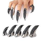 10 PCS Halloween Costume Claws Fake Nails Ring Set, Bestga® Gothic Punk 3 Sizes Crystal Full Finger Rings Paved Paw Bend Fingertip Fingernail Claw Girls Women Men Ring False Easy Long Nails (Black)