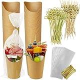 CAMKYDE 50 Sets Disposable Charcuterie Cups with Sticks and Bags, 12 oz Brown Kraft Paper Snack Appetizers Cup French Fry Holder with Cocktail Picks Toothpicks (50 Cups+50 Bags+200 Sticks)