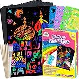 ZMLM Scratch Paper Art Set, 60 Pcs Rainbow Magic Scratch Paper for Kids Black Scratch Off Art Crafts Kits Notes with 5 Wooden Stylus for Girls Boys Toy Halloween Party Game Christmas Birthday Gift