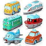 ArtCreativity Metal Cartoon Car Set - Set of 6 Mini Pullback Toy Cars - Pullback Train, Bus, Taxi, Tram, Plane and Ship - Party Favors, Best Birthday Gift for Boys, Girls, Toddlers