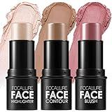 FOCALLURE 3 Pcs Cream Contour Sticks,Shades with Highlighter & Bronzer & Blush,Non-greasy Long-wear Face Contouring Pen,Easy to Sculpt the Face and Create a Lightweight Finishing Makeup,LIGHT-MEDIUM