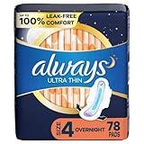 Always Ultra Thin Overnight Pads with Flexi-Wings, Size 4, Overnight, Unscented, 78 Count Total (3 Packs of 26)