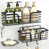 Shower Caddy, Adhesive Shower Organizer with Soap Dish and 4 Hooks, Rustproof Stainless Steel Shower Shelves, Wall Mounted No Drilling Storage Shelf Basket Accessories for Bathroom & Kitchen