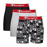 Champion Men's Underwear Boxer Briefs, Everyday Active, Lightweight Stretch, Multi-Pack, New Ebony/New Ebony with C Logo Print Silverstone-3 Pack, Large