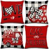 Valentines Day Decorations-Throw Pillow Covers 18x18in Set of 4,Valentine Linen Pillow Case with Red Buffalo Plaid Heart Love Truck for Large Couch Sofa Home Inside Outside Holiday Party Decor