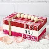 Whaline Valentine's Day Faux Stacked Books Decorative Wooden Tiered Tray Decor Plaid Bundle Hugs and Kisses Wooden Block Sign with Beads for Valentine's Day Farmhouse Rustic Kitchen Home Table Decor