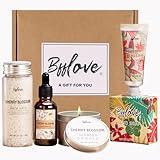 Gifts for Women BFFLOVE Gift Set for Women 5pcs Cherry Blossom Spa Set, Birthday Gifts for Women with Massage Oil, Scented Candle, Bath Salts, Hand Cream, Mothers Day Gifts