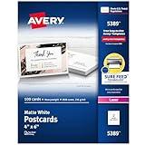 Avery Printable Postcards with Sure Feed Technology, 4" x 6", White, 100 Blank Postcards for Laser Printers (5389)