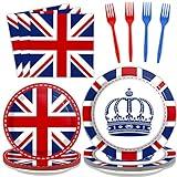 96 Pcs Britain UK England Flag Birthday Party Paper Plate and Napkins British Flag Party Supplies Tableware Union Jack Party Decorations Paper Plate Napkin Fork for Party Favors 24 Guests