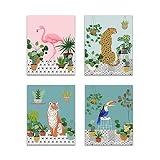 KEUSPI Tropical Animal Tiger Leopard Cheetah Flamingo Parrot Plant Wall Art Poster Prints Print Posters For Kids Room Bedroom Decor,Tropical Animal Decorations Prints Unframed 8x10 Inches Set of 4