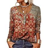 Deals of The Day Lightning Deals Today Prime Long Sleeve Tshirt Shirts for Women Vintage Floral Print Button Down Henley Tops Casual Loose Comfy Fall Blouses 2024 Plus Size Blouse Red S