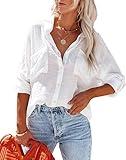 Aoudery Womens Button Down Shirts Cotton Roll-up Long Sleeve Blouses Top with Pockets V Neck Casual Solid Tunics - Classic White L