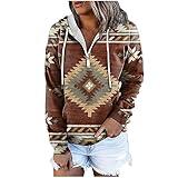 plus size tops for women clearance Women's Western Aztec Ethnic Style Hooded Sweatshirts Casual Folk Pullover Long Sleeve Pocket Hoodies aesthetic planner Khaki XL