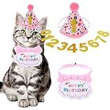 COMNICO Cat Birthday Party Supplies,Cat Birthday Bandana Scarf and Party Hat Mini Doggy Cat Birthday Bib Girl Kitten Birthday Hat with Numbers Pet Birthday Decorations Set Outfits for Cat Kitten