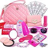 Graceduck Little Girls Purse with Play Makeup Kit, Kids Pretend Play Handbag Wallet Sunglasses Keys Credit Card with Pink Cosmetics Accessories Toddler Princess Birthday Gift Age 3 4 5 6 7 8 Year Old