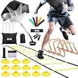 GHB Agility Ladder,Football Training Equipment Set,4 Agility Hurdles, 20 feet 12 Rungs Speed Ladder,12 Disc Cones,Resistance Parachute, Jump Rope, 5 Resistance Bands for Workout