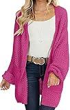 MEROKEETY Women's 2024 Fall Open Front Chunky Knit Sweater Oversized Lantern Sleeve Cardigan Outwear, Magenta, Small