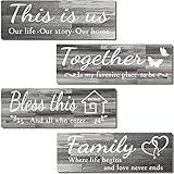 4 PCS Home Wall Decor Signs, IDATOO Rustic Wooden Living Room Hanging Decorations with Quotes THIS IS US/TOGETHER/BLESS THIS/FAMILY, Housewarming Gifts for Wedding Kitchen (Grey, 15 x 5.1 inch)