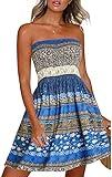 CHICGAL Summer Dresses for Women Beach Cover Ups Strapless Boho Floral Print Sundress(Flower Blue,M)