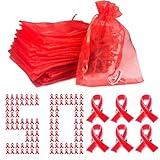 Red Ribbon Pin with Organza Bags World AIDS Day Heart Disease Awareness Pins Red Ribbon Week Supplies Bulk