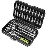 OTLOOMTBT 46 Pieces 1/4 Inch Drive Industrial Grade Socket Ratchet Wrench Set, with Bit Socket Set Metric and Extension Bar for Auto Repairing and Household, With Thickened Storage Case