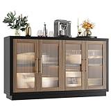 FOTOSOK Buffet Cabinet with Storage, 55.1" Large Sideboard Buffet Cabinet, Modern Sideboard Kitchen Cabinet with 4 Fluted Glass Doors, Wood Coffee Bar Cabinet Buffet Table for Kitchen, Black/Brown