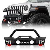 OBNAUX Front bumper compatible with 2007-2024 Wrangler JK JKU JL JLU Unlimited and Glated JT (2/4 Door) Bull Bar Built-in Winch installation boards and 2 d-ring