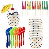 Ice Cream Sundae Kit - 12 Ounce Polka Dot Paper Treat Cups - Heavyweight Plastic Spoons - Paper Umbrellas - 12 Each Pink Orange Yellow Green Blue