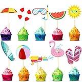 100 Pcs Summer Beach Cupcake Toppers Pool Party Hawaiian Theme Cake Picks with Beach Ball Sun Umbrella Goggles Beach Cake Decorations for Birthday Tropical Luau Baby Shower Party Supplies, 10 Designs