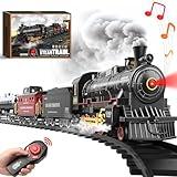 Hot Bee Train Set for Boys - Remote Control Train Toys with Steam Locomotive, Cargo Cars Tracks,Trains with Realistic Smoke,Sounds and Lights,Christmas Train Toys for 3 4 5 6 7+ Years Old Kids