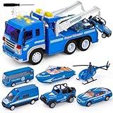 AMOR PRESENT Police Tow Truck Toy Set, Blue Wrecker Truck with Lights Sounds and Small Die-cast Toy Cars Helicopter Policemen Figures for Kids Birthday Present