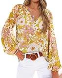 BTFBM Women Casual Boho Blouse Fashion Fall Shirts V Neck Long Puff Sleeve Lightweight Chiffon Spring Summer Tops 2024(Floral Yellow, Small)