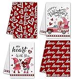 Hexagram Valentines Day Kitchen Towels-Valentines Kitchen Decor-Red Love Decorative Dish Tea Towels-Housewarming Gifts for Valentines Day Decorations Funny Gnomes and Truck Hand Towels Set of 4