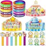 LACCHOUFEE 120 Pieces Happy Birthday Kits for Kids Classroom - Include Adjustable Happy Birthday Hats, Colored Silicone Stretch, Badge Stickers and Rulers - School Teachers Students Party Supplies