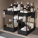 Sevenblue 2 Pack Under Sink Organizer, Under Bathroom Cabinet Organizer with Hooks Hanging Cup, Multi-Purpose Storage Shelf for Kitchen Bathroom, Black