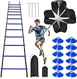 Pro Speed & Agility Training Set—Includes 12 Rung 20ft Adjustable Agility Ladder with Carrying Bag, 12 Disc Cones, 4 Steel Stakes, 1 Resistance Parachute, Use Equipment to Improve Footwork Any Sport