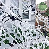 Giant Beef Netting Spider Webs Halloween Decorations, Pre-Cut Super Stretchy DIY Spider Webbing with Stakes, Gauze Spiderwebs Cobwebs for Haunted House Yard Garden Tree Halloween Party Outdoor Decor