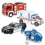 JOYIN 4 Packs Emergency Vehicle Toy Playsets, Friction Powered Vehicles with Light and Sound, Including Fire Truck, Ambulance Toy, Play Police Car and Toy Helicopter, Best Toddler Kids Boys Gifts