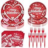 96Pcs Valentine's Day Party Supplies Tableware Set Paper Plates and Napkins Forks for Valentine's Day Party Decorations Engagements Weddings Anniversary, Serves 24