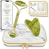 CELLIKA Xiuyan Jade Roller and Gua Sha Set with Shockproof Travel Case - Face Roller Skin Care Tool Real Jade Roller for Face, Eyes, Neck & Body - Facial Roller Tutorial & Skincare Plan Included