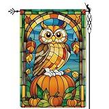 Jauageon Owl Pumpkin Autumn Garden Flag Fall Leaves Garden Flag Stained Glass Style Vertical Double Sided Rustic Farmland Burlap Yard Lawn Outdoor Decor 12.5x18"