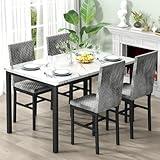 Recaceik Dining Table Set for 4, Kitchen Table and Chairs Set of 4, Faux Marble Dinner Table Set with 4 Upholstered Velvet Chairs, Dining Room Table Set for Kitchen Dining Room (White & Grey)