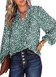 Dokotoo Womens Work Business Chiffon Blouses and Tops Loose Fit Dressy Alicia Floral Print V Neck Smocked Long Sleeve Shirts for Women Office Boho Top Trendy Mineral Blue Large